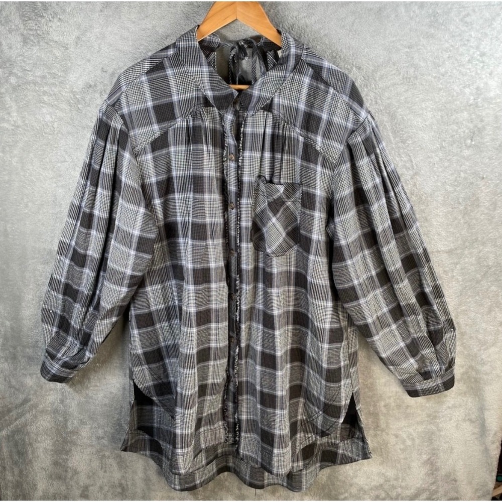 We‎ The Free Plaid Button Down Tie Back Long Sleeve Tunic Shirt Medium Oversized